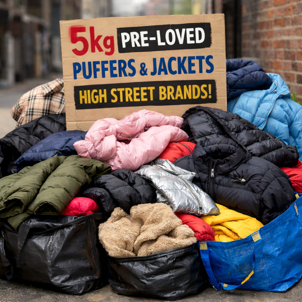 5kg bundle of pre loved puffer jackets, coats and jackets